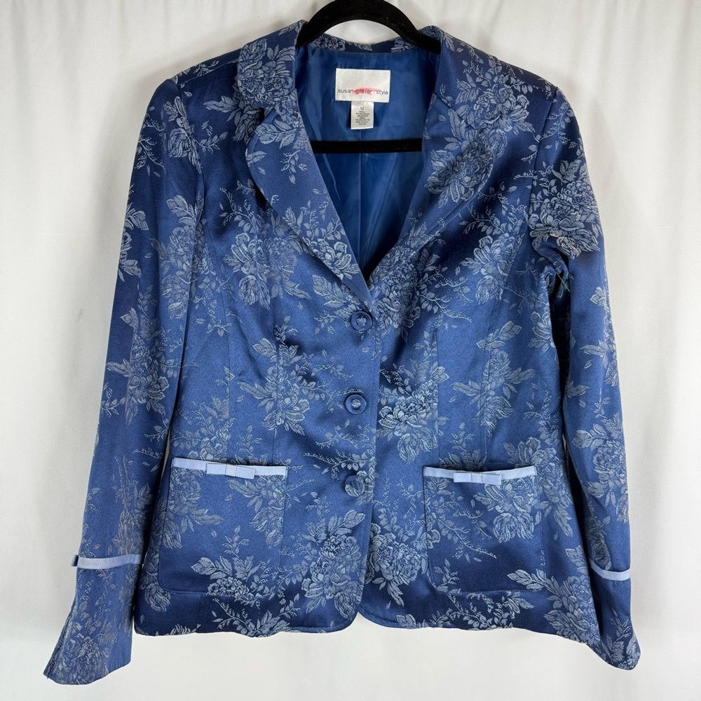 Susan Graver Jacket Blazer Womens Blue Floral Button Career Cottage size:M